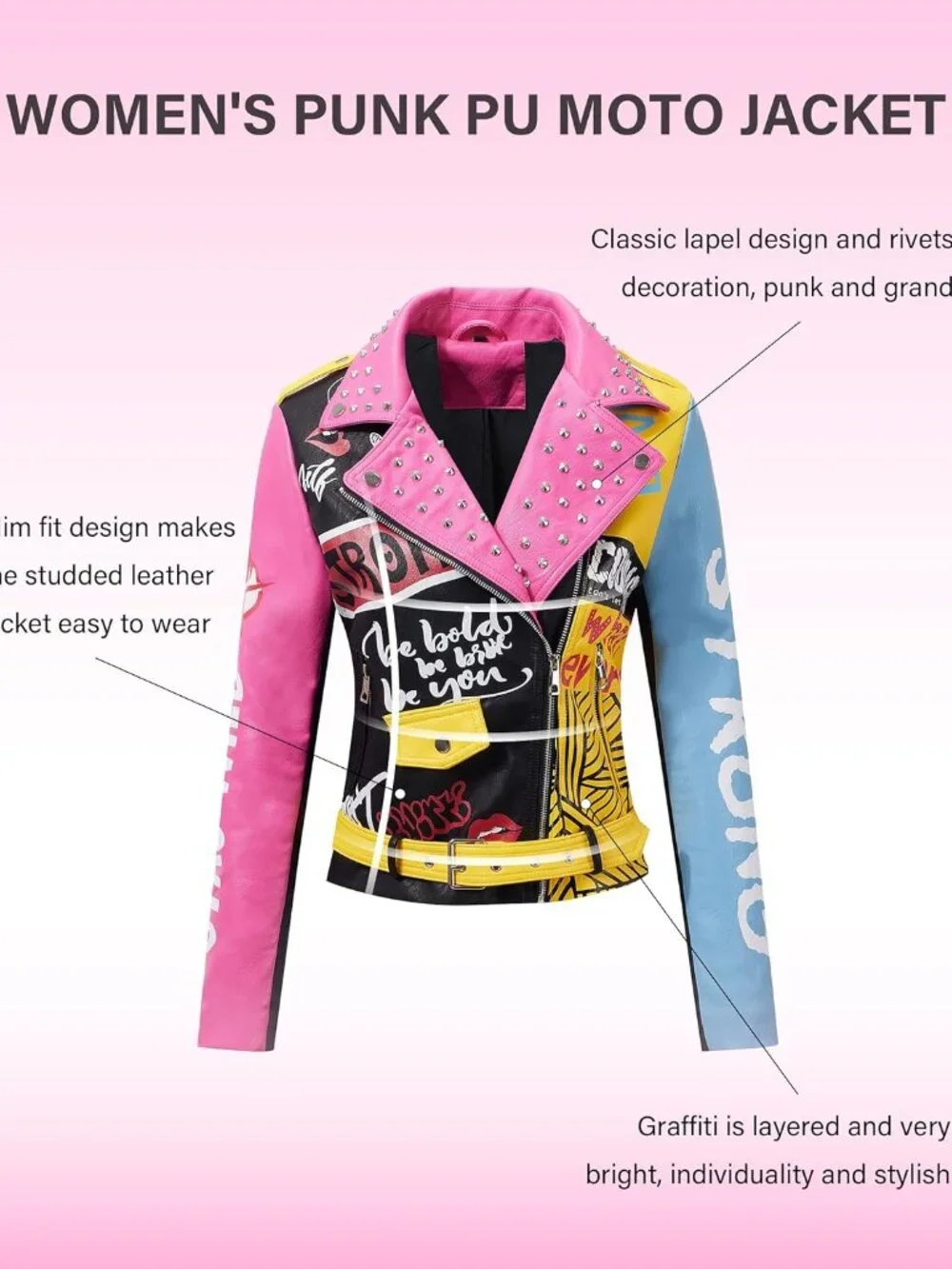 Faux Leather Jacket for Women Studded Rivet Floral Moto Biker Short Lapel Coat